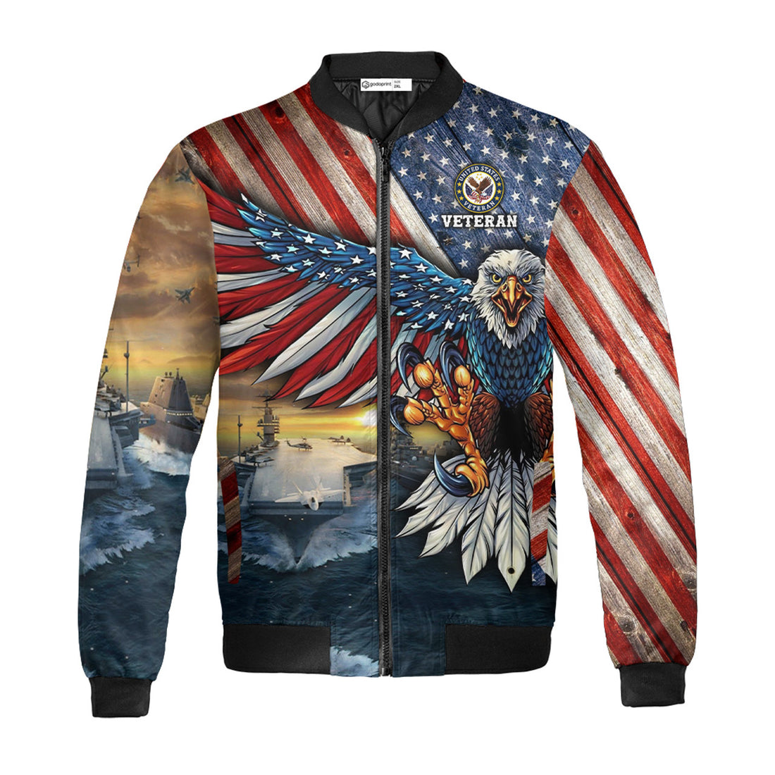 U.S Flag Eagle Navy Bomber Jacket Veteran Honoring All Who Served Blue Jacket