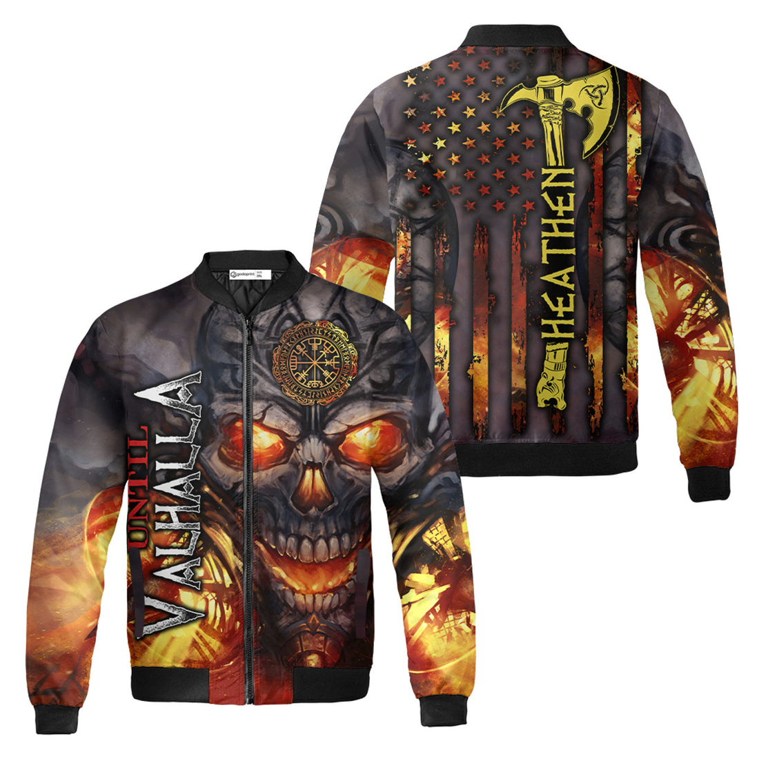 Fire Skull Viking Quilt Bomber Jacket AOP Zip-up, Heathen Skull Shirt Flame Pattern, Valhalla Viking Shirt