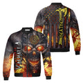 Fire Skull Viking Quilt Bomber Jacket AOP Zip-up, Heathen Skull Shirt Flame Pattern, Valhalla Viking Shirt