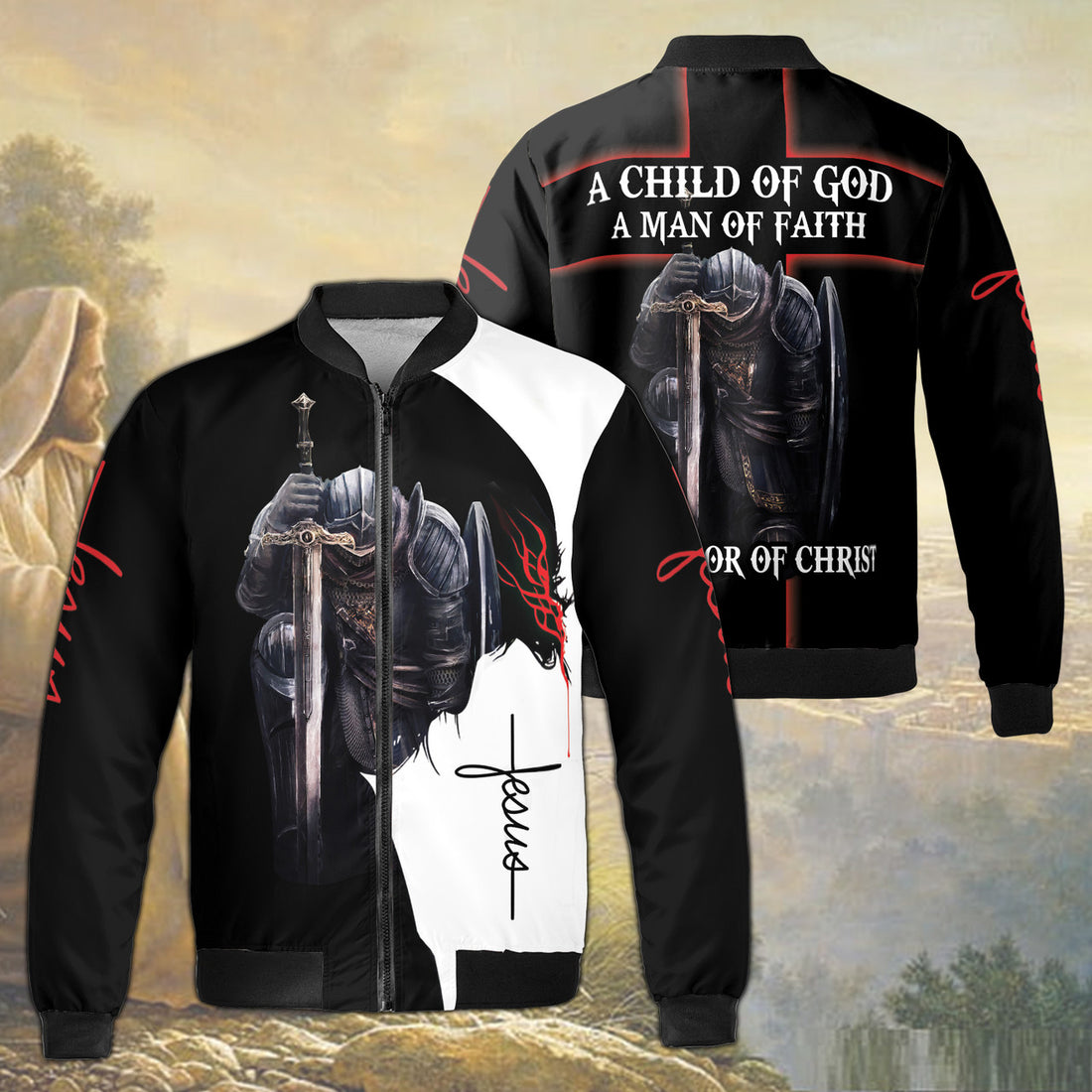 Jesus Warrior A Child of God A Man Of Faith A Warrior Of Christ Fleece Bomber Jacket