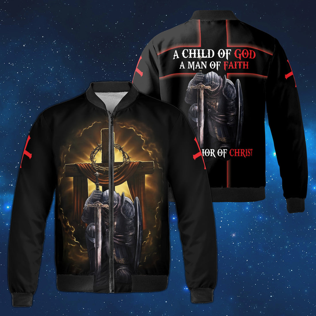 Jesus's Lion Templar Knight Child Of God Wooden Cross Crowd Of Thorn Fleece Bomber Jacket