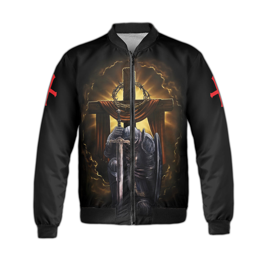 Jesus's Lion Templar Knight Child Of God Wooden Cross Crowd Of Thorn Fleece Bomber Jacket