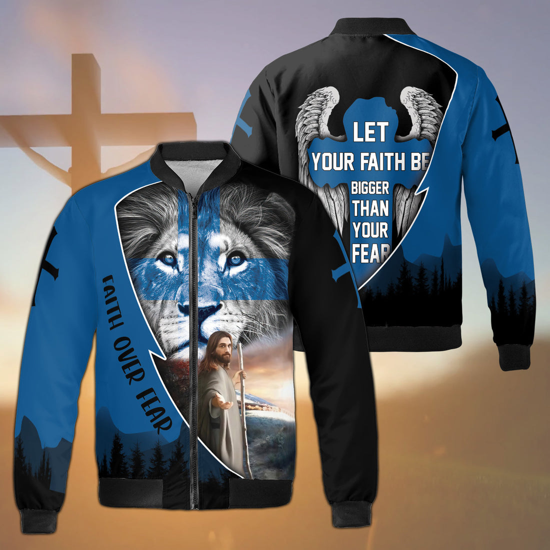 Easter Day Christian, Jesus Faith , Lion God Over Fear Fleece Bomber Jacket