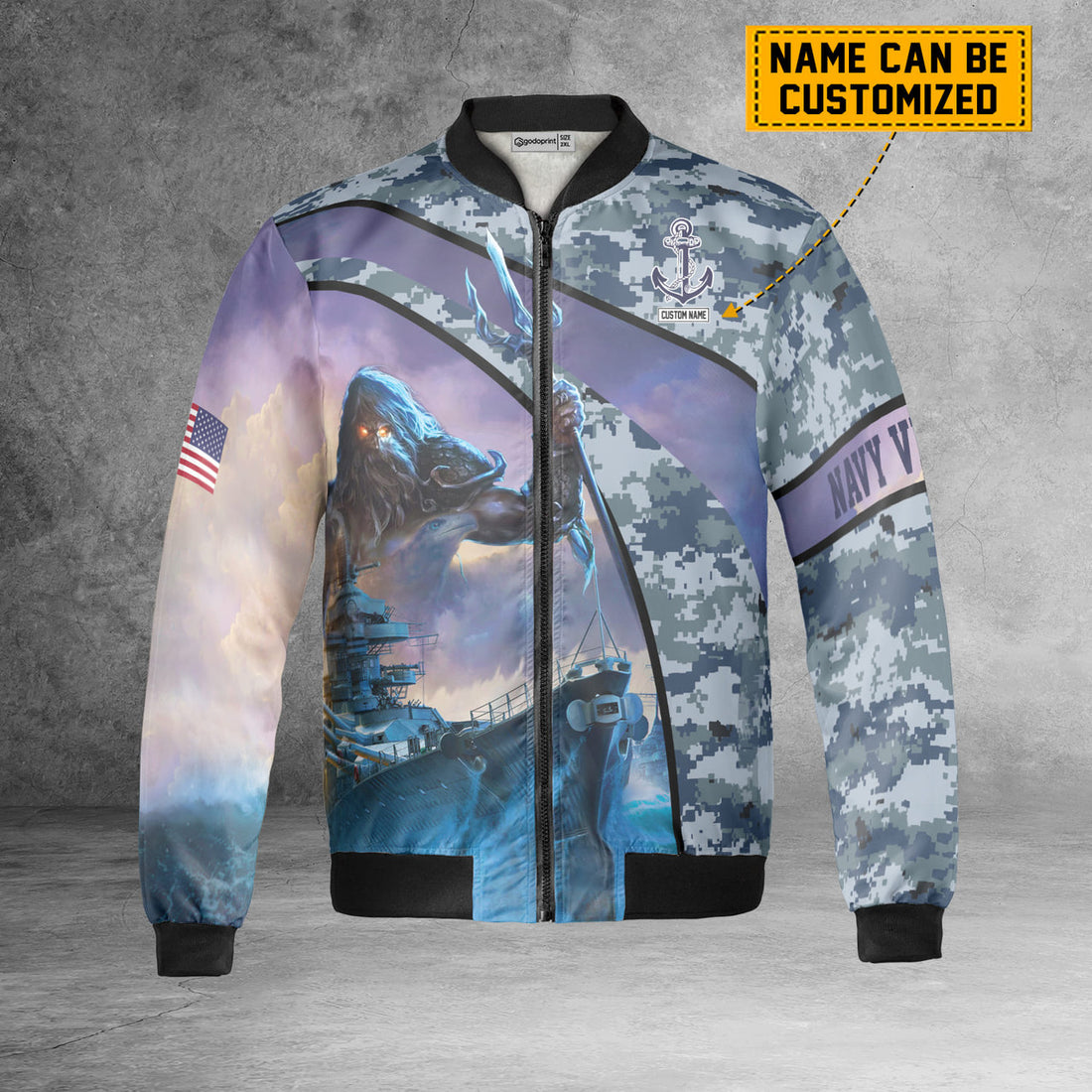 Custom Name Navy Veteran Fleece Bomber Jacket