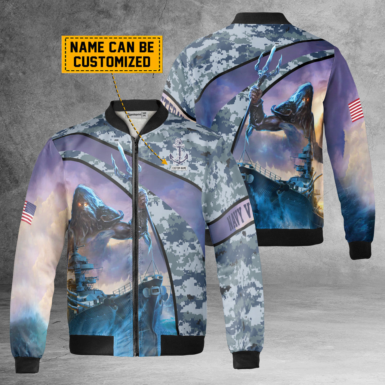 Custom Name Navy Veteran Fleece Bomber Jacket
