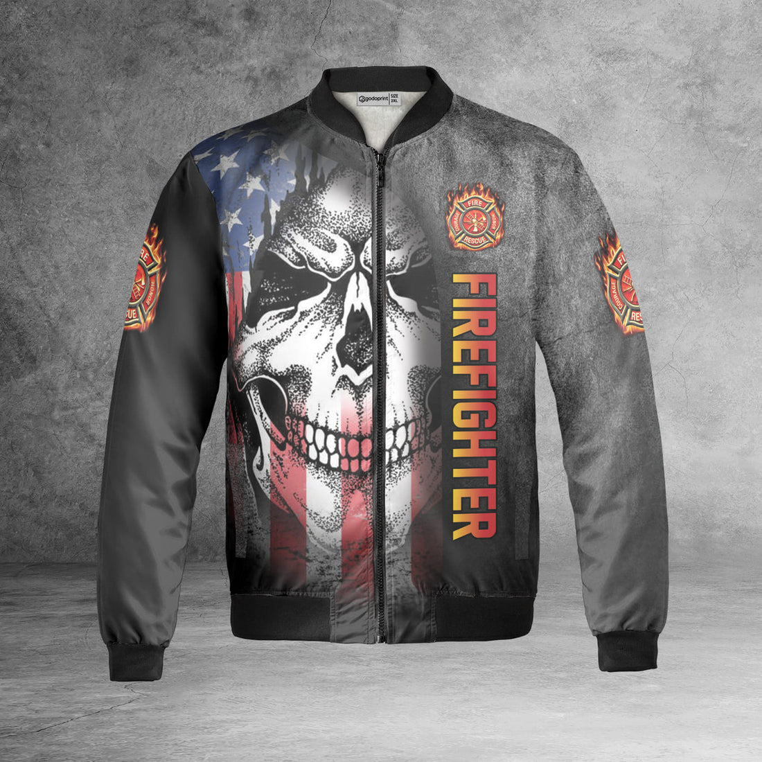 US Flag Firefighter Skull Logo Fleece Bomber Jacket