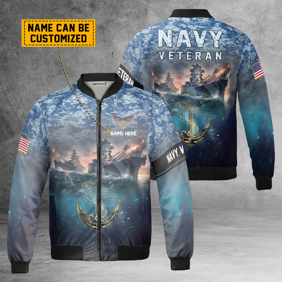 Custom Personalized Name Navy Veteran Sea Bbattleship Fleece Bomber Jacket