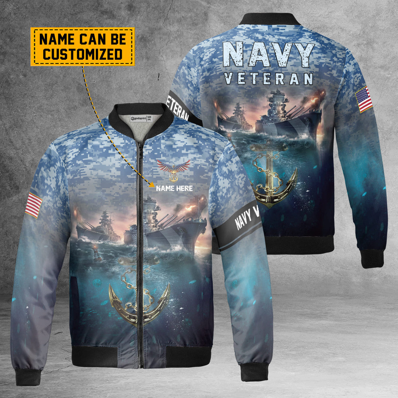 Custom Personalized Name Navy Veteran Sea Bbattleship Fleece Bomber Jacket