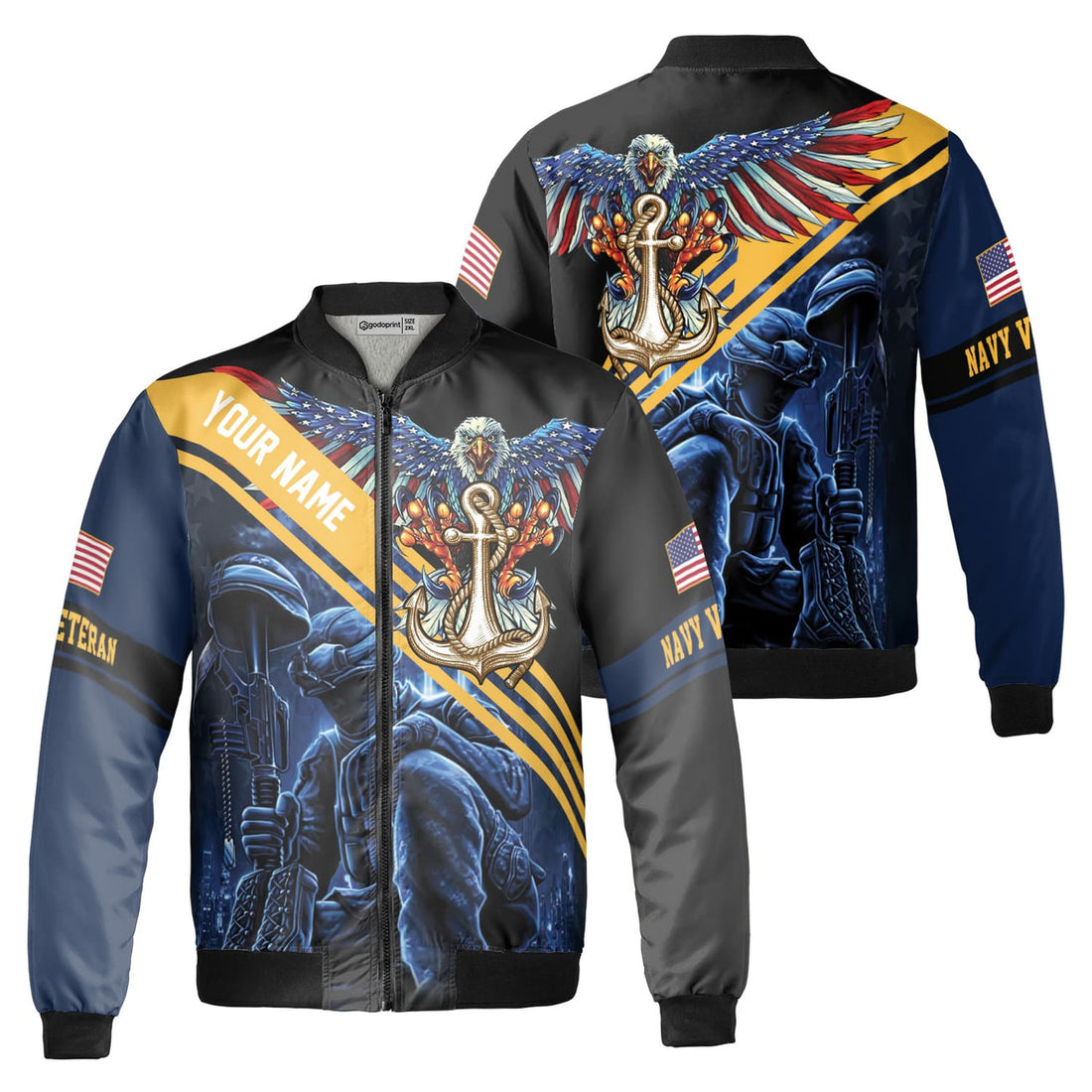 Custom Personalized Eagle Honor The Fallen Navy Veteran Fleece Bomber Jacket
