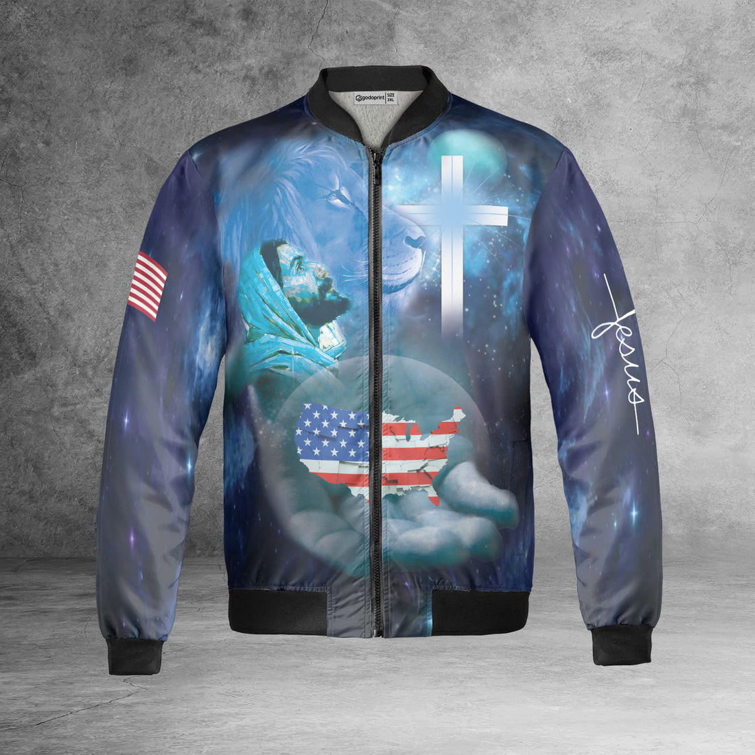 Jesus And Lion One Nation Under God Galaxy Fleece Bomber Jacket