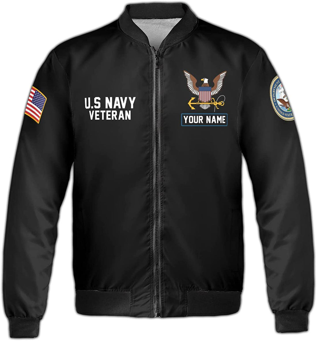 Custom Personalized U.S Navy Veteran Fleece Bomber Jacket AOP with Zip, Proud Veteran Shirt, Anchor Navy Shirt, Military Army Gift