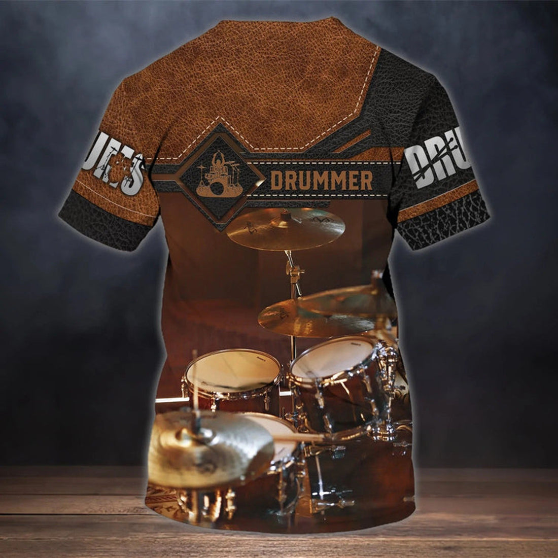 FUNSTUFFPRINT 3D Print Brown T-Shirt For A Drummer, Drum Print On Shirt Leather Pattern, Custom Shirt For A Drummer 3D T-shirt