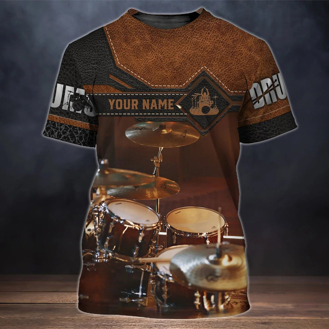 FUNSTUFFPRINT 3D Print Brown T-Shirt For A Drummer, Drum Print On Shirt Leather Pattern, Custom Shirt For A Drummer 3D T-shirt
