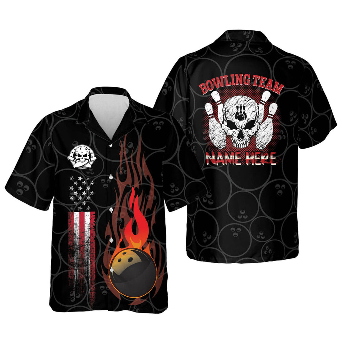 Custom Funny Flame Skull Bowling Team Button-Down Short Sleeve, Skull Bowling Hawaiian Shirt