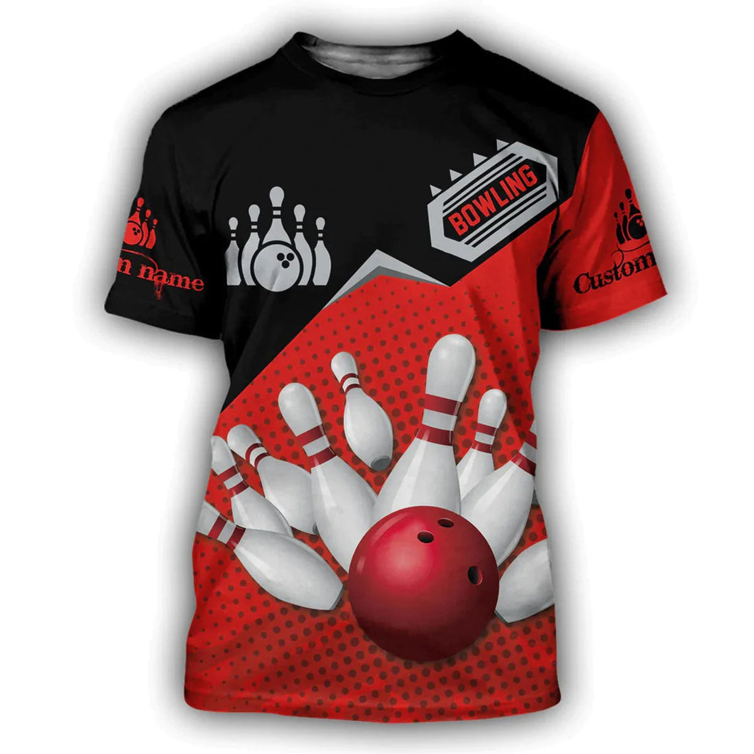 Custom Name Bowling Tee Shirt Red Black Pattern, Bowling Hoodies, Winter Bowling Clothing