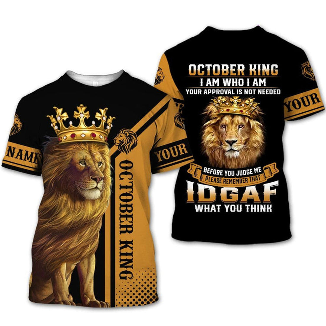 FUNSTUFFPRINT Personalized Name Birthday Outfit October Guy Lion King Yellow Birthday Shirt For Men 3D T-shirt
