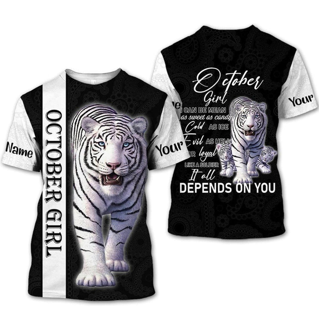 FUNSTUFFPRINT Personalized Name Birthday Outfit October Girl Tiger White Love Style Birthday Shirt For Women 3D T-shirt