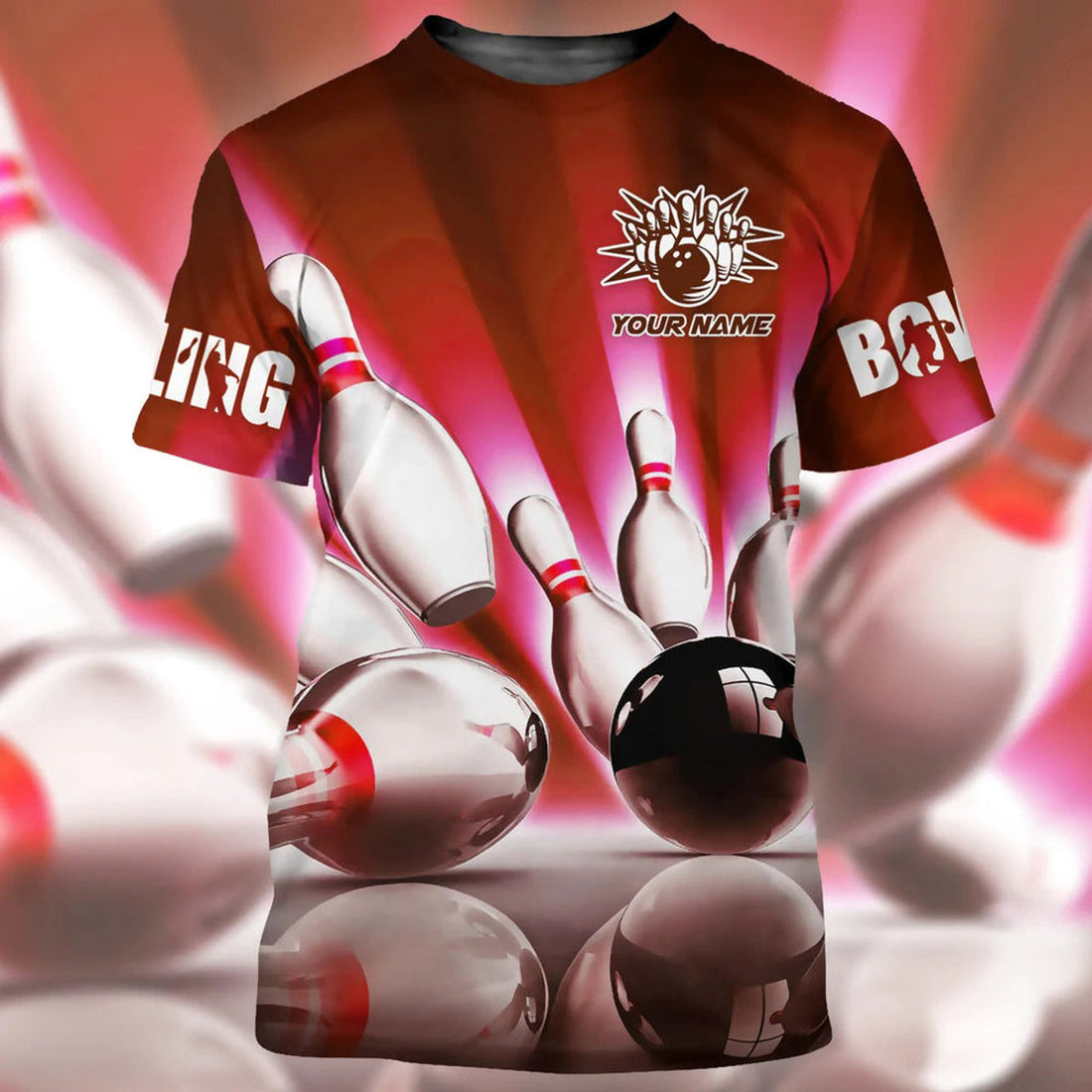 FUNSTUFFPRINT Personalized 3D All Over Print Red Bowling Shirt For Men Women, Bowling Team Shirt Uniform 3D T-shirt
