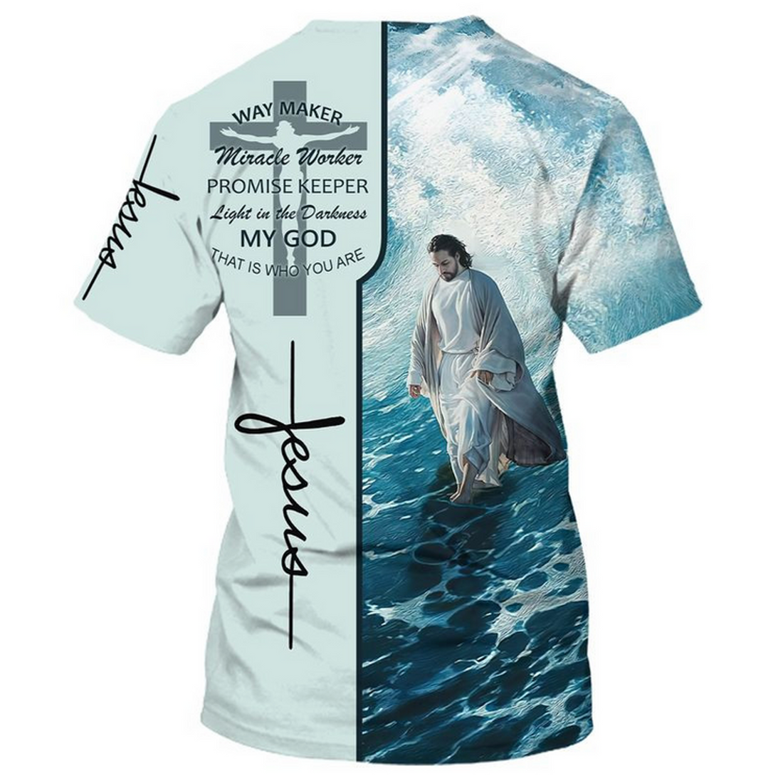 FUNSTUFFPRINT 3D Jesus Walking On The Beach T-Shirt Way Maker Micracle Worker Promise Keeper Shirts 3D T-shirt