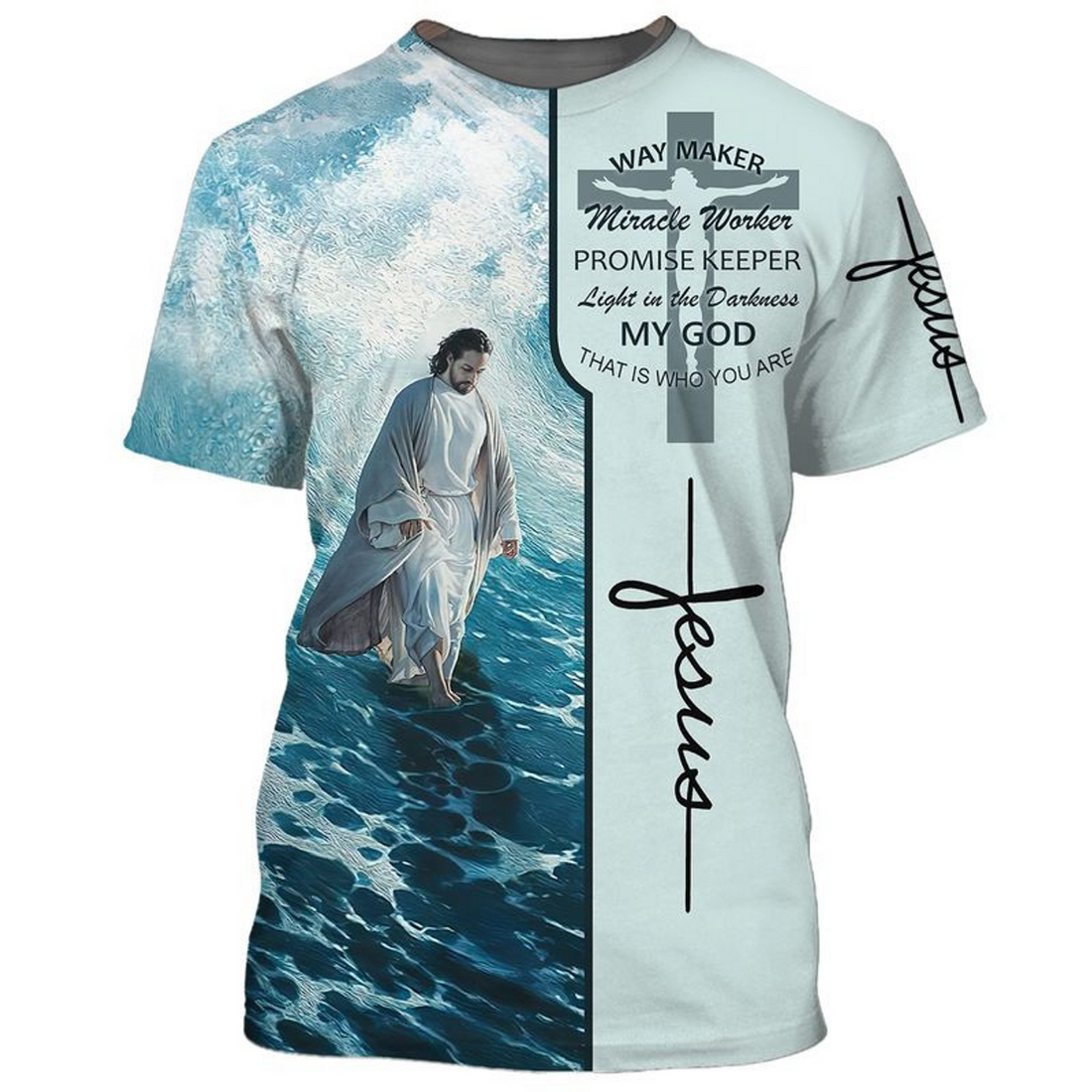 FUNSTUFFPRINT 3D Jesus Walking On The Beach T-Shirt Way Maker Micracle Worker Promise Keeper Shirts 3D T-shirt