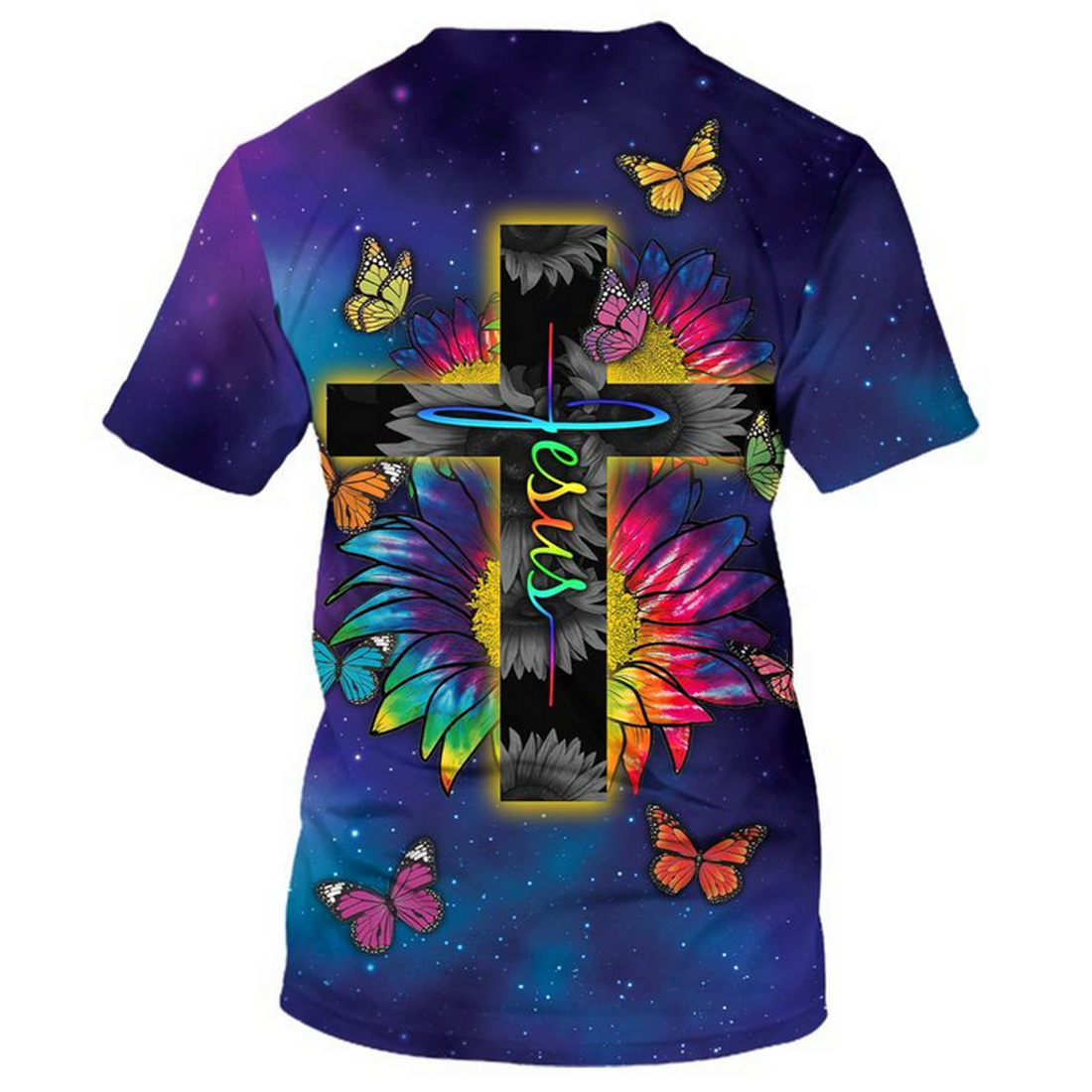 FUNSTUFFPRINT 3D Colorful Jesus T-Shirt Butterfly Sunflower Pattern On Shirts 3D T-shirt