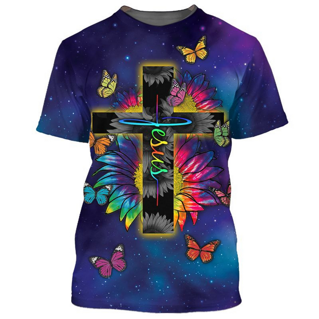 FUNSTUFFPRINT 3D Colorful Jesus T-Shirt Butterfly Sunflower Pattern On Shirts 3D T-shirt