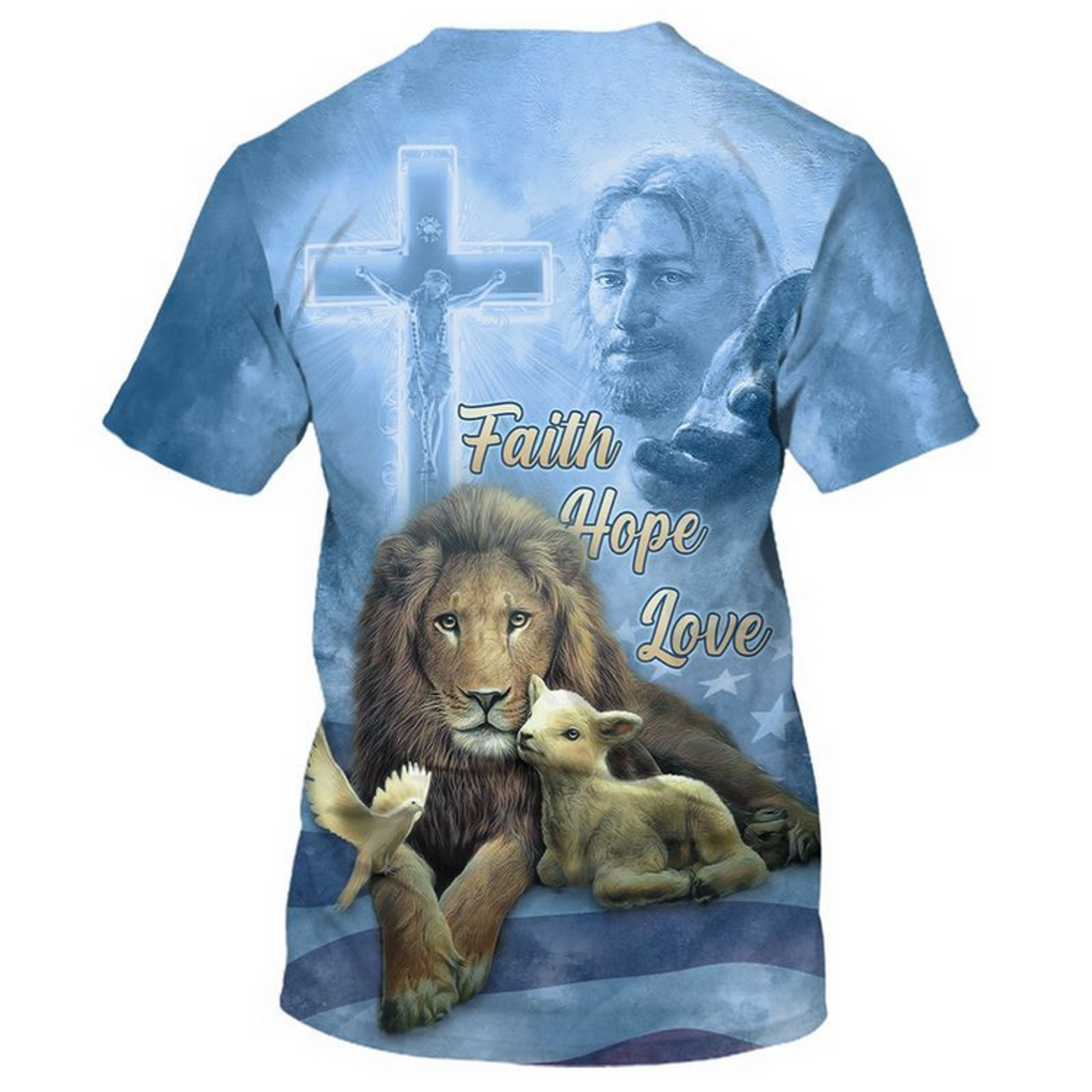 FUNSTUFFPRINT Faith Hope Love Blue T-Shirt Men Women Lion Under God Tee Shirts 3D T-shirt
