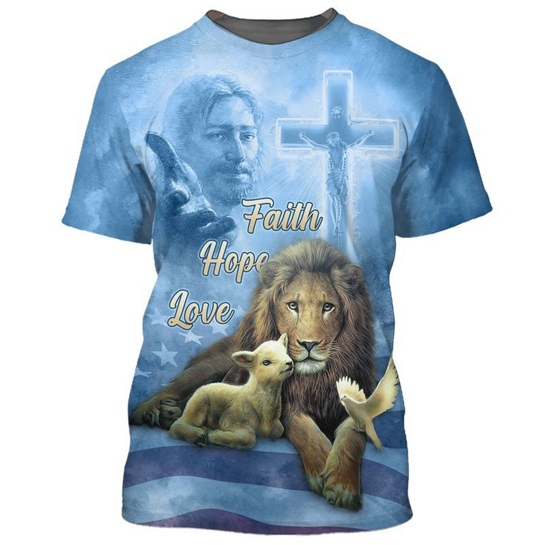 FUNSTUFFPRINT Faith Hope Love Blue T-Shirt Men Women Lion Under God Tee Shirts 3D T-shirt