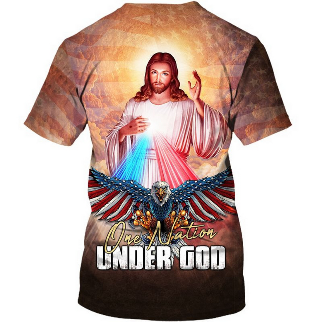 FUNSTUFFPRINT One Nation Under God T-Shirt Men Women Jesus And Eagle American Flag Pattern Shirts 3D T-shirt
