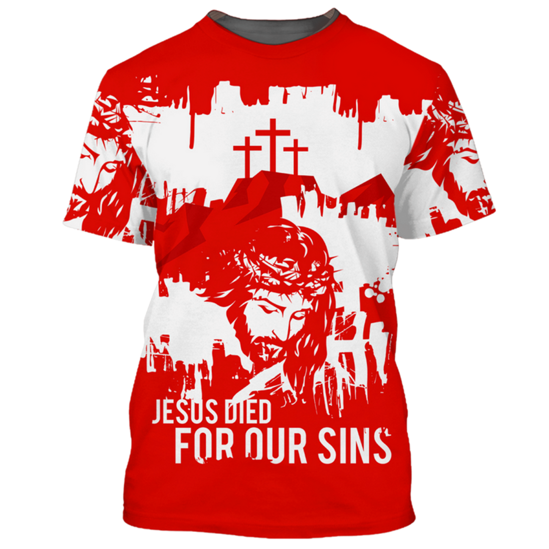 FUNSTUFFPRINT Cool Red Jesus Shirt Jesus Died For Our Sins 3D All Over Print T-Shirt Christmas God Shirts 3D T-shirt