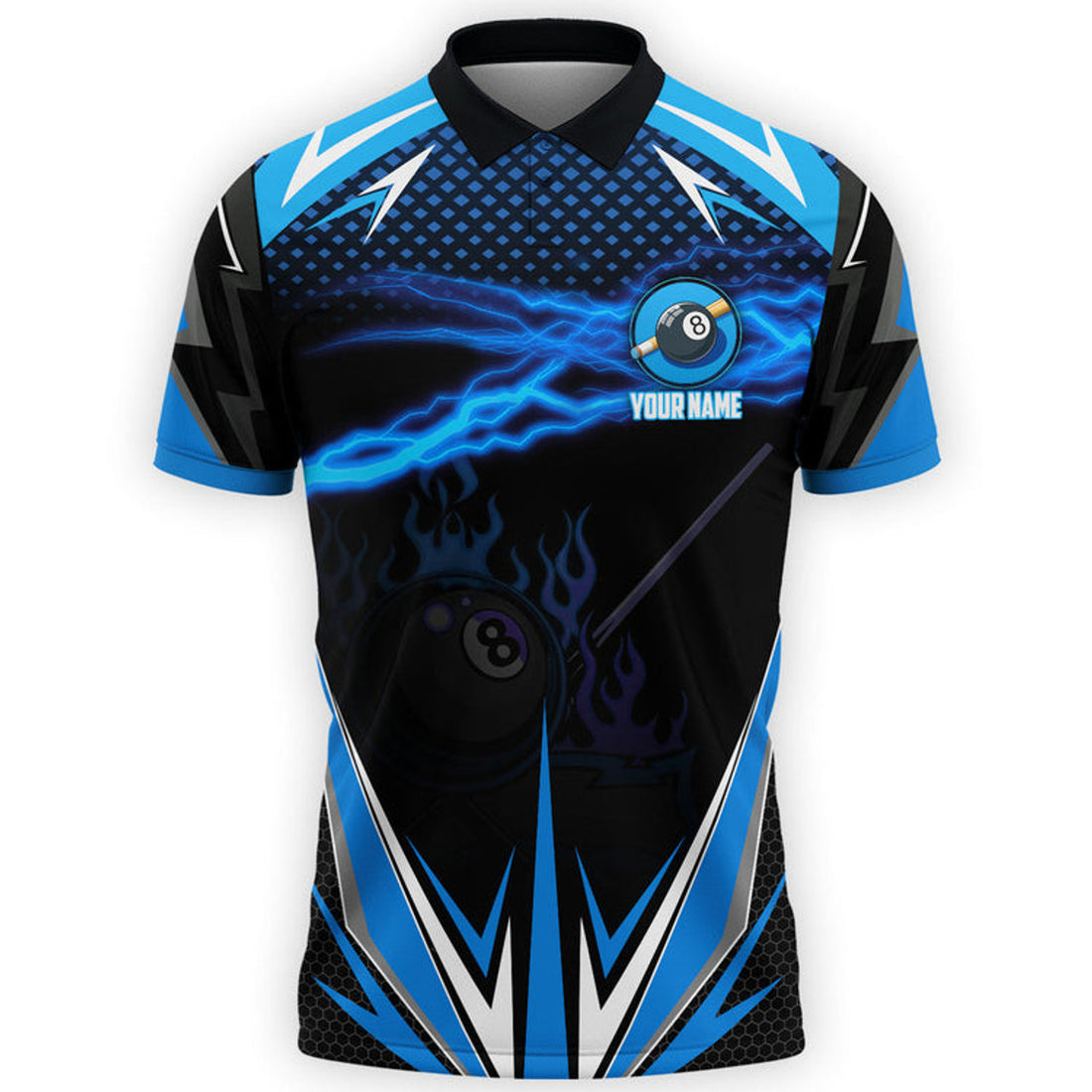 Custom 3D All Over Print Billiard Blue Fire Polo Shirt, Thunder Sport Billiard Shirt, Gift for Him