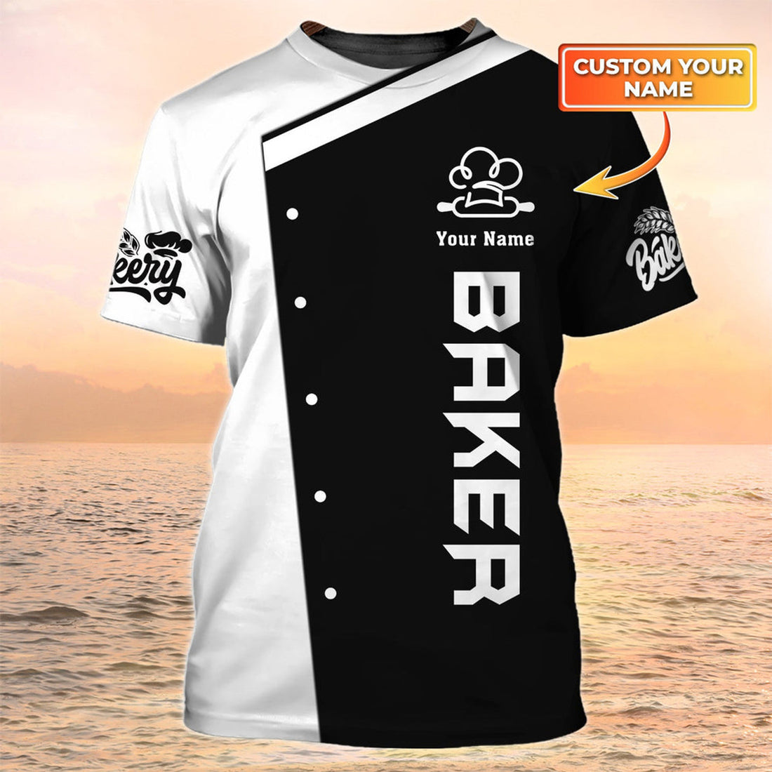 FUNSTUFFPRINT 3D All Over Print Baker T-Shirt Custom Bakery Uniform Black & White, Gift For Barker 3D T-shirt