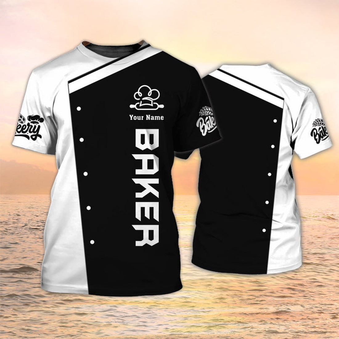 FUNSTUFFPRINT 3D All Over Print Baker T-Shirt Custom Bakery Uniform Black & White, Gift For Barker 3D T-shirt
