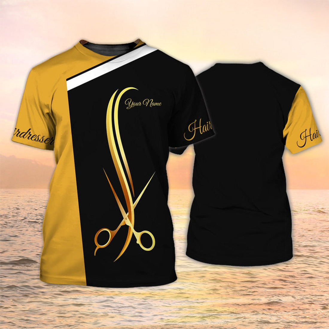 FUNSTUFFPRINT Custom Hair Salon Uniform Shirt Hairstylist T-Shirt Black & Gold 3D T-shirt