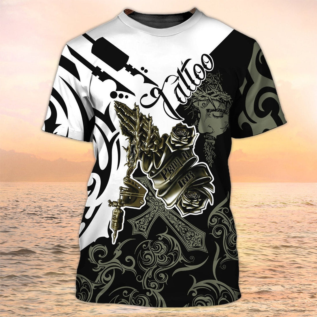 FUNSTUFFPRINT Love Tattoo And Jesus Shirts, Tattoo Style Shirt 3D Tattoo Sublimation On Shirt 3D T-shirt