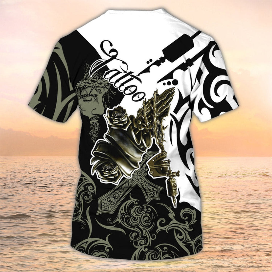 FUNSTUFFPRINT Love Tattoo And Jesus Shirts, Tattoo Style Shirt 3D Tattoo Sublimation On Shirt 3D T-shirt