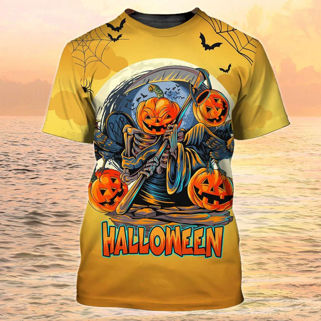 FUNSTUFFPRINT Skull Halloween 3D T-Shirt Skeleton Pumpkin Halloween Yellow Shirt Men Women 3D T-shirt