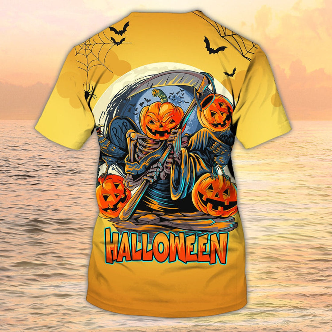 FUNSTUFFPRINT Skull Halloween 3D T-Shirt Skeleton Pumpkin Halloween Yellow Shirt Men Women 3D T-shirt