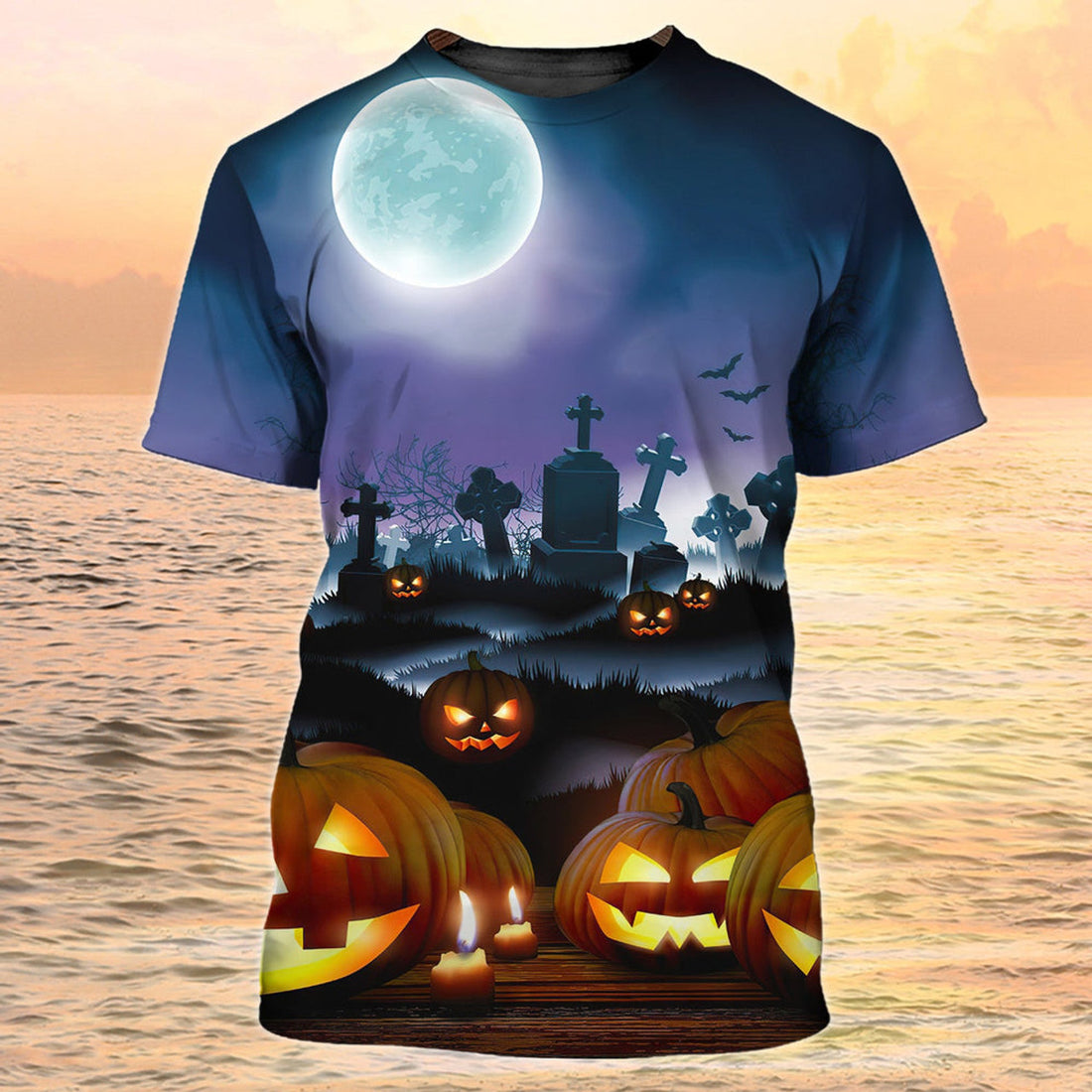 FUNSTUFFPRINT 3D All Over Print Pumpkin With Grave Halloween T-Shirt Mens Halloween Shirt 3D T-shirt
