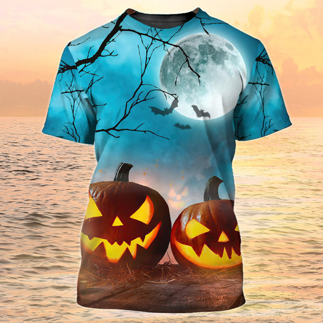 FUNSTUFFPRINT 3D Pumpkin Light Sublimation On Halloween T-Shirt Halloween Shirts Gift For Halloween 3D T-shirt