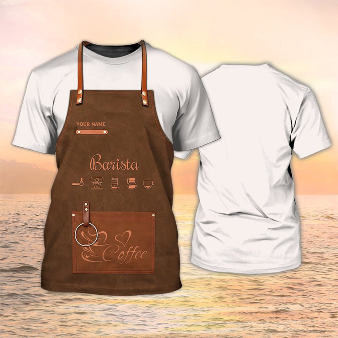 FUNSTUFFPRINT Personalized Barista T-Shirt Apron 3D Print On Bartender Shirt Coffee Shop Uniform Brown 3D T-shirt