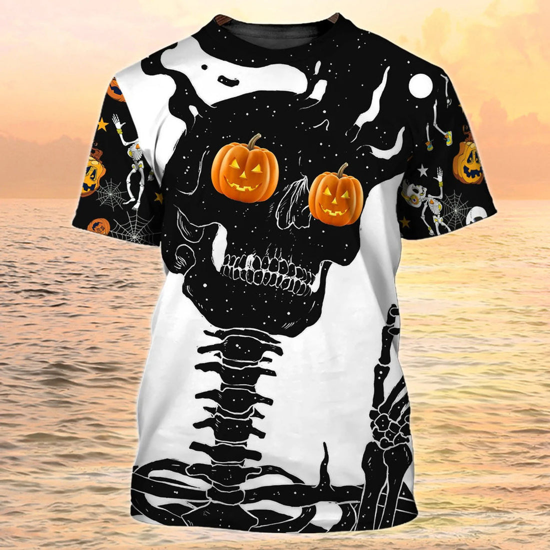 Skull Halloween 3D T-Shirt Pumpkin Eyes Skeleton Black And White Halloween Shirts