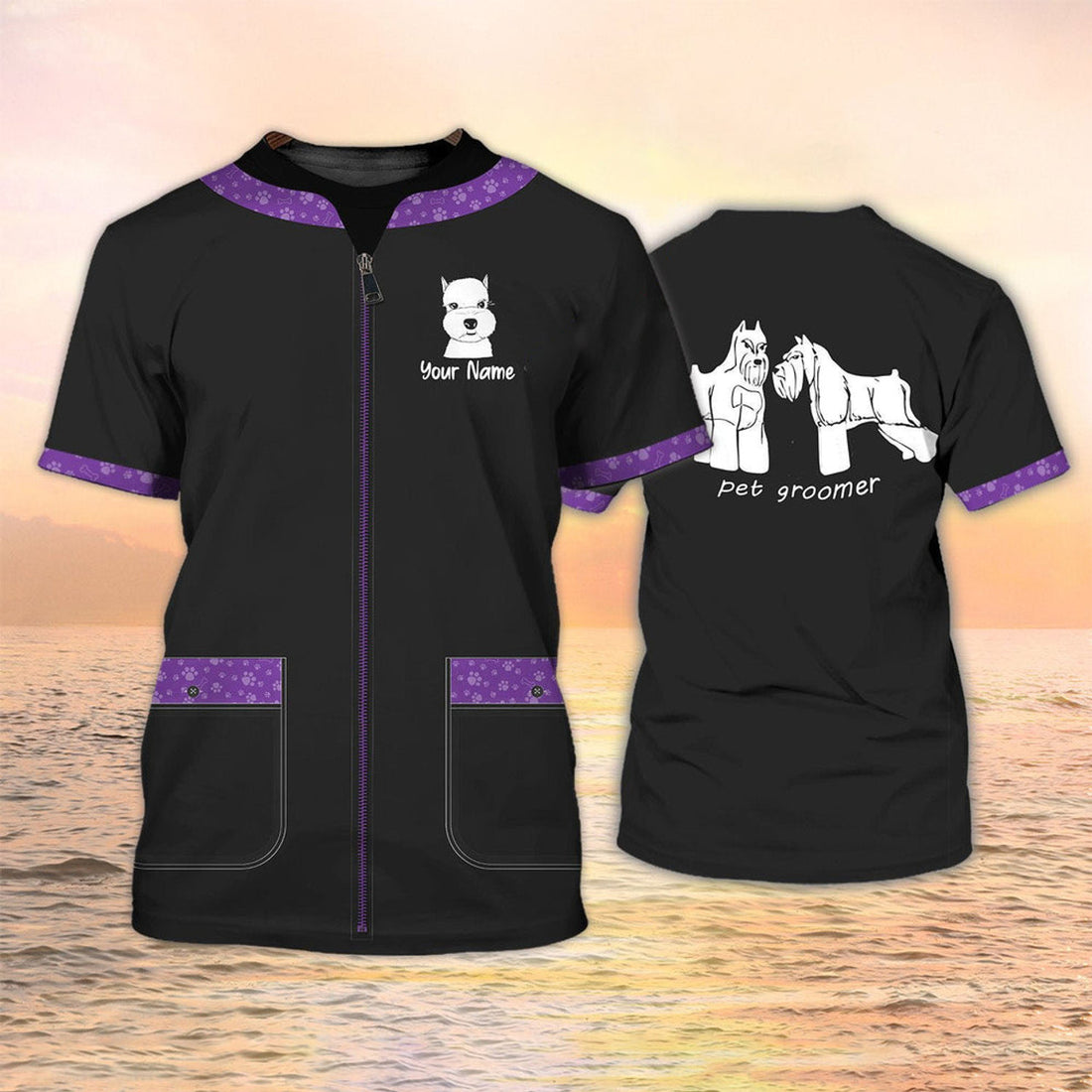 FUNSTUFFPRINT Pet Groomer T-Shirt Grooming Custom Shirts Pet Salon Uniform Black & Purple 3D T-shirt