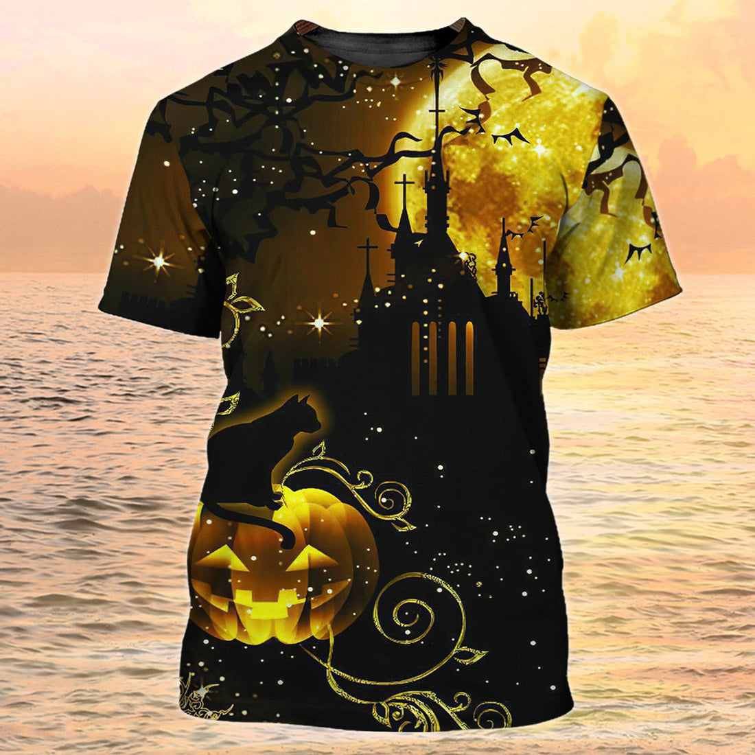 FUNSTUFFPRINT Halloween T-Shirts For Adults 3D Cat On Pumpkin Halloween Nigh3D T-shirt