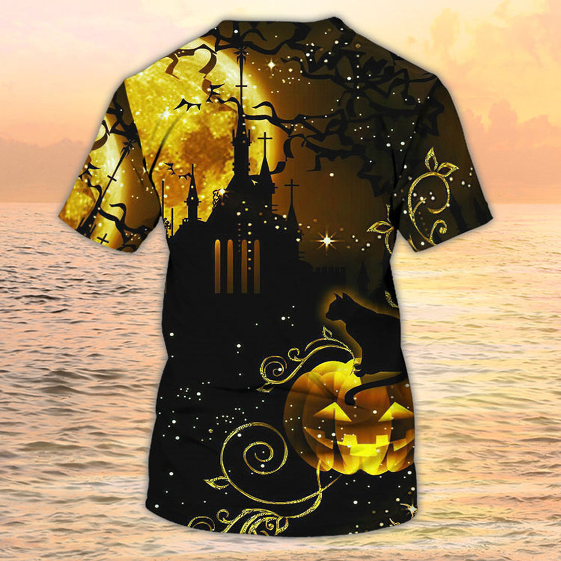 FUNSTUFFPRINT Halloween T-Shirts For Adults 3D Cat On Pumpkin Halloween Nigh3D T-shirt