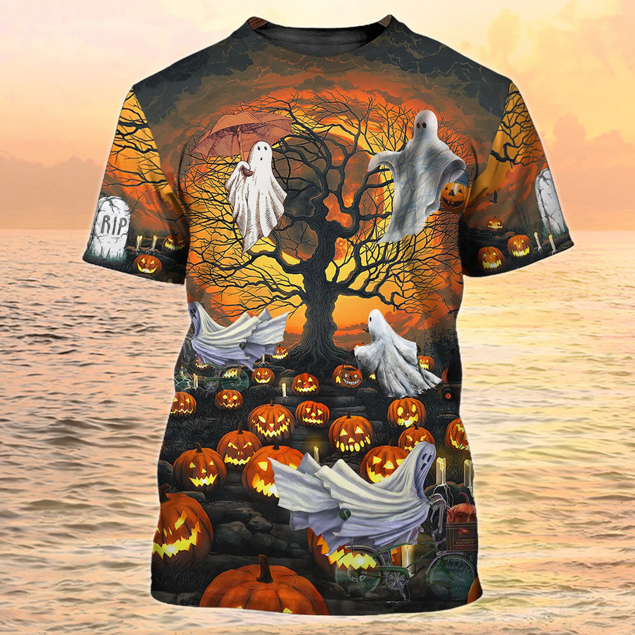 3D All Over Print Ghost And Pumpkin Halloween Shirt Ghost Flying Halloween T-Shirt
