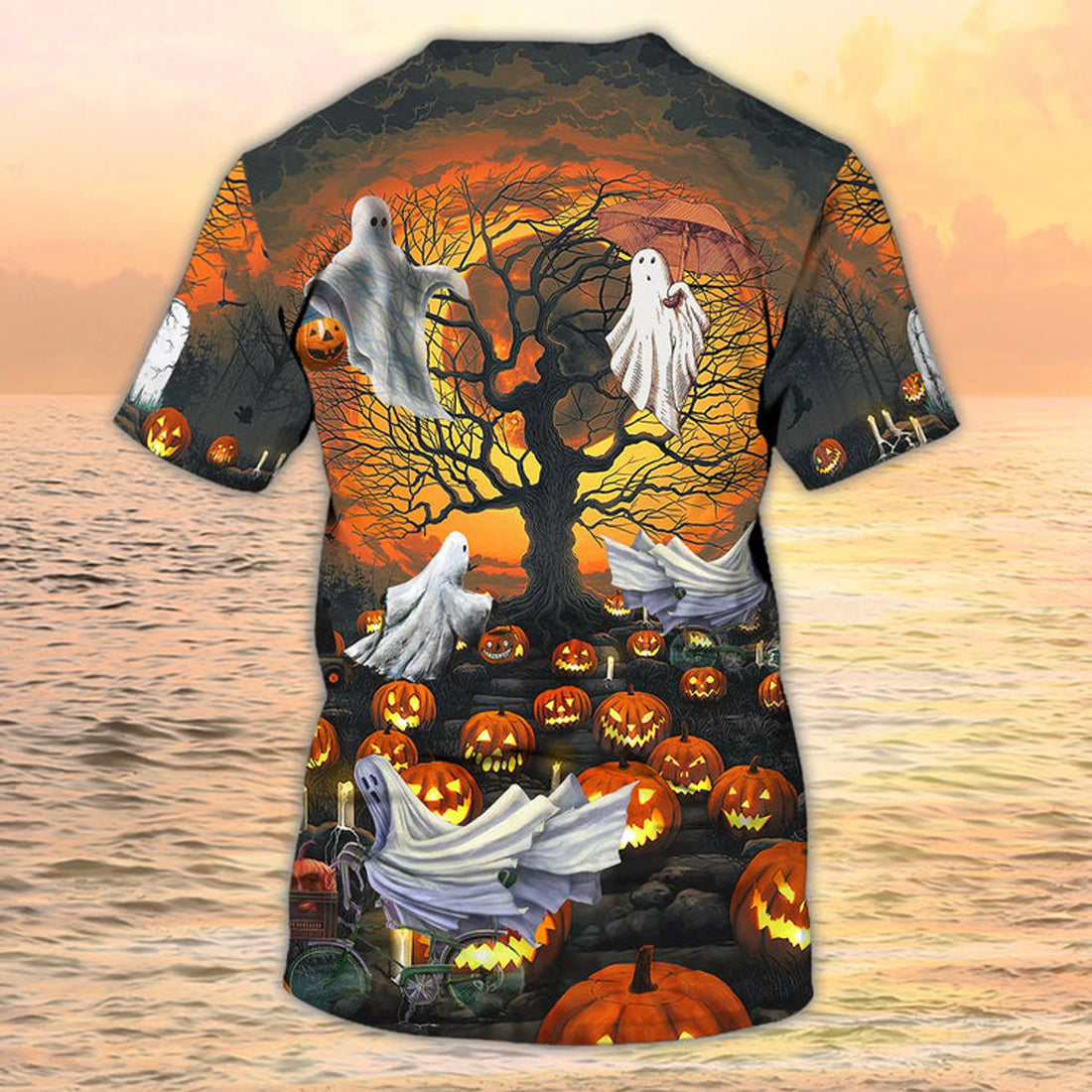 3D All Over Print Ghost And Pumpkin Halloween Shirt Ghost Flying Halloween T-Shirt