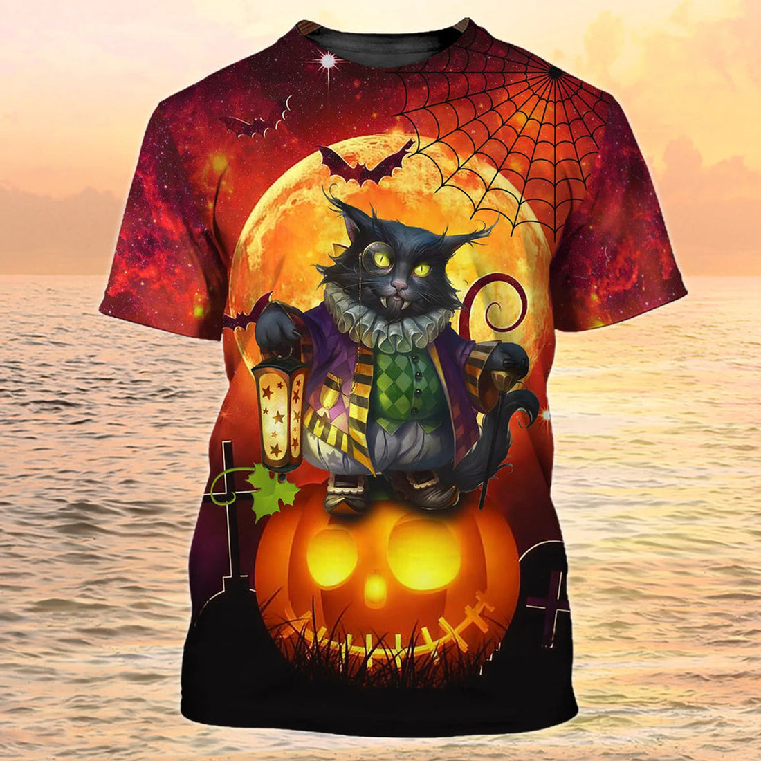 Black Cat Halloween T-Shirt 3D Funny Cat On Pumpkin Shirt For Halloween