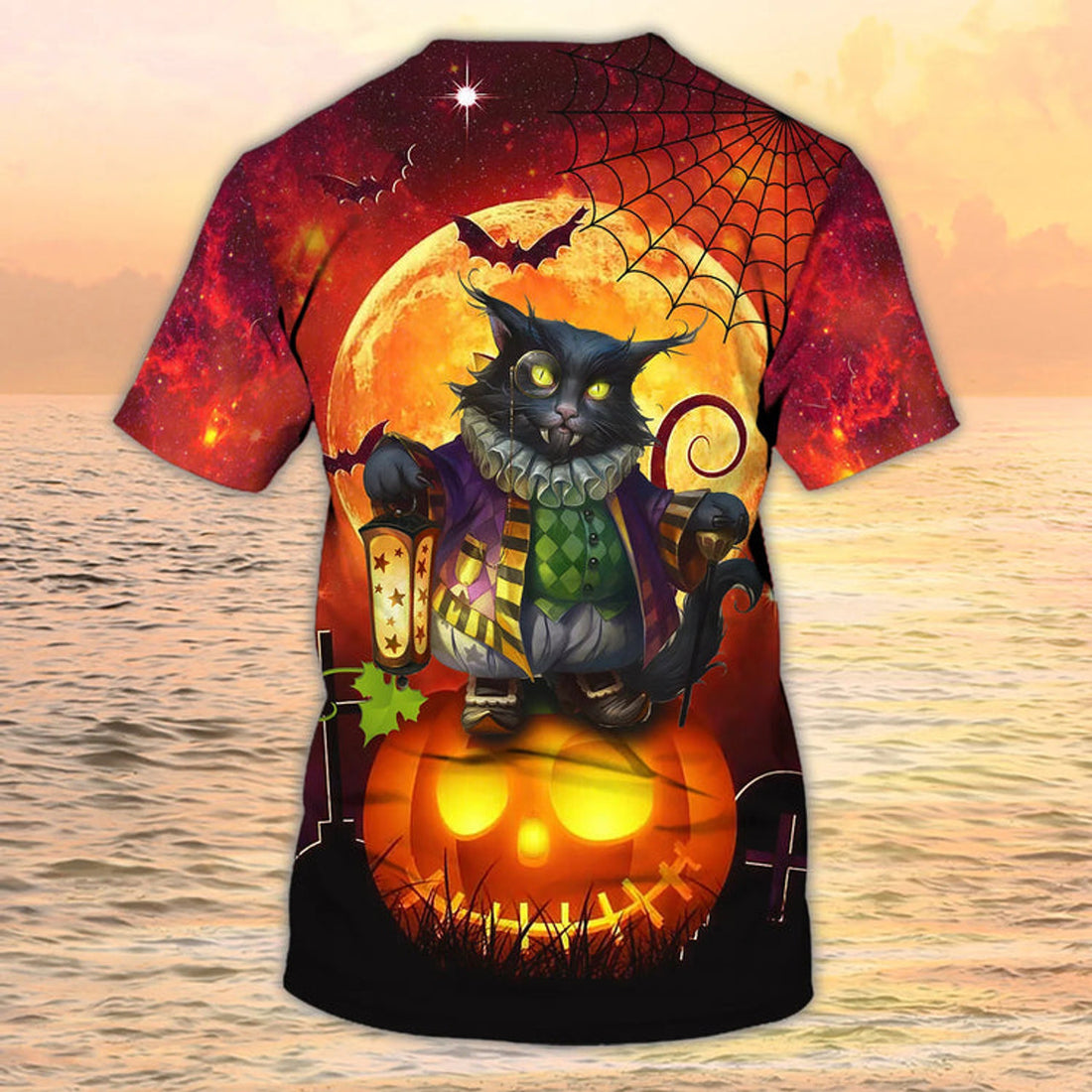 Black Cat Halloween T-Shirt 3D Funny Cat On Pumpkin Shirt For Halloween