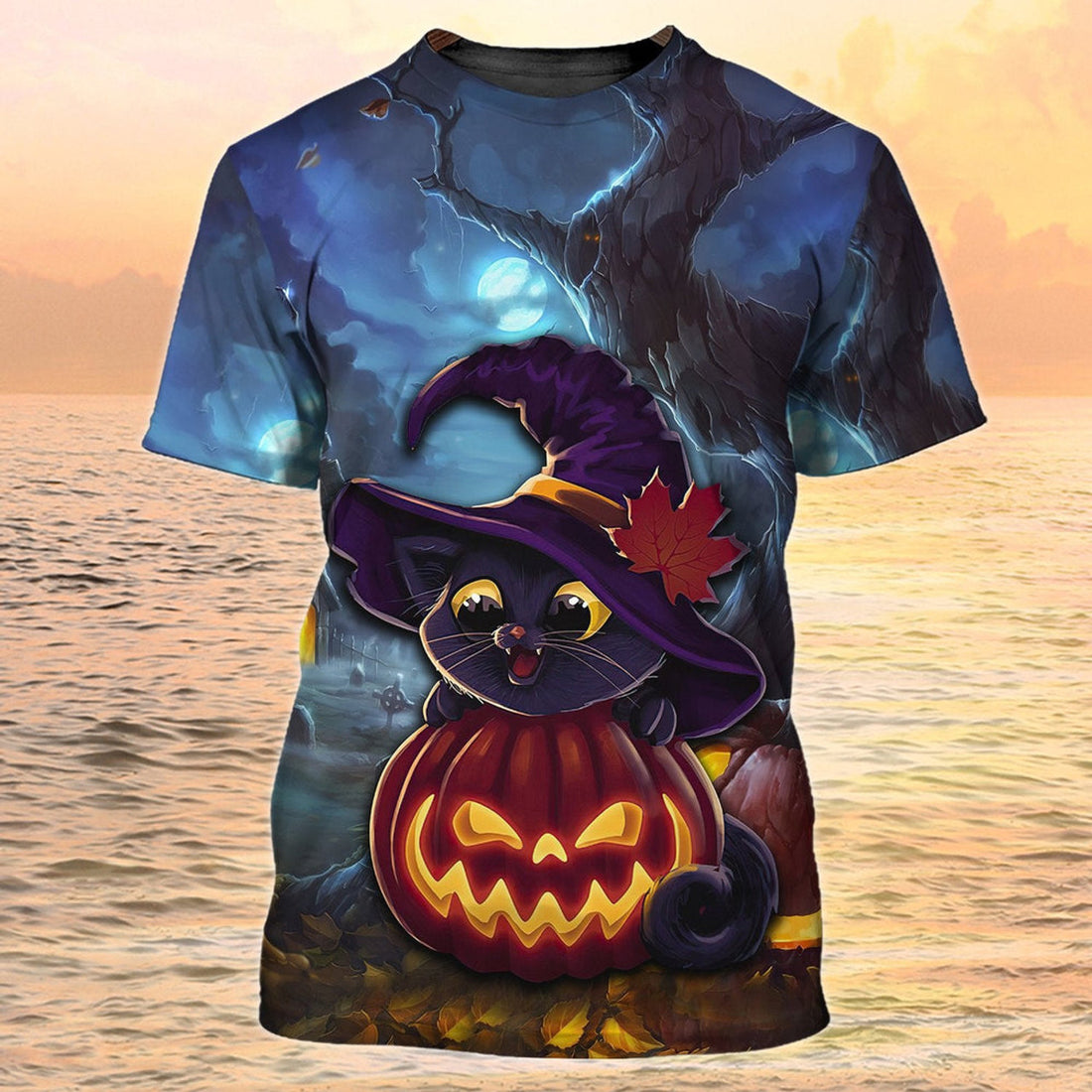 FUNSTUFFPRINT Cute Cat Halloween NighT-Shirt Halloween Shirt For Cat Lover Halloween Gift For Her 3D T-shirt